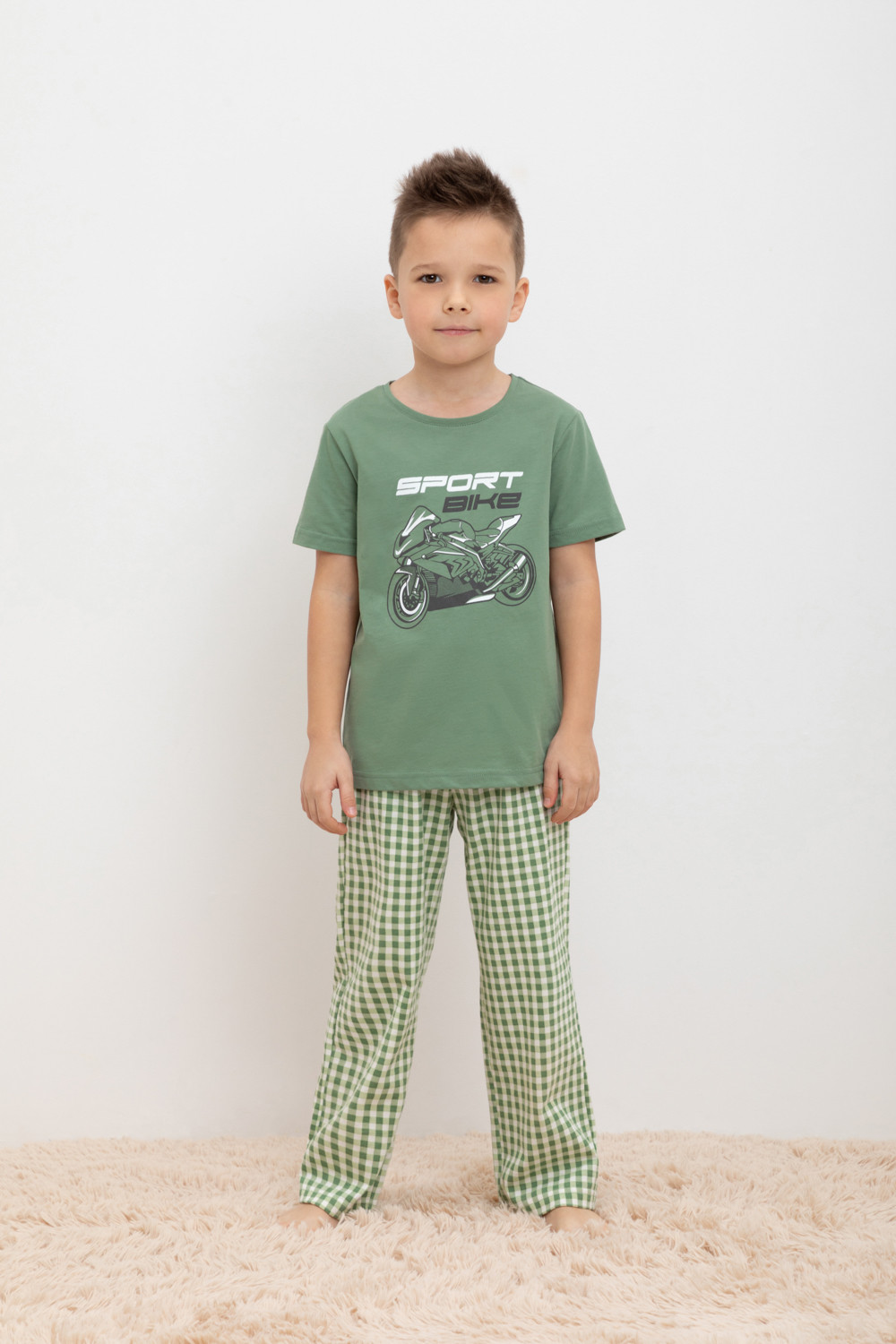 Пижама детская CROCKID TR 588, М 3702, зеленый камень, маленькая клетка, 146