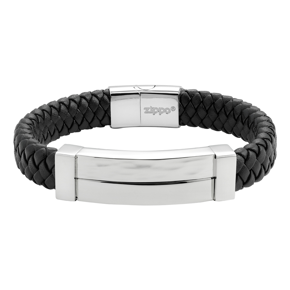 фото Браслет из стали/натуральной кожи р.20 zippo steel bar braided leather bracelet