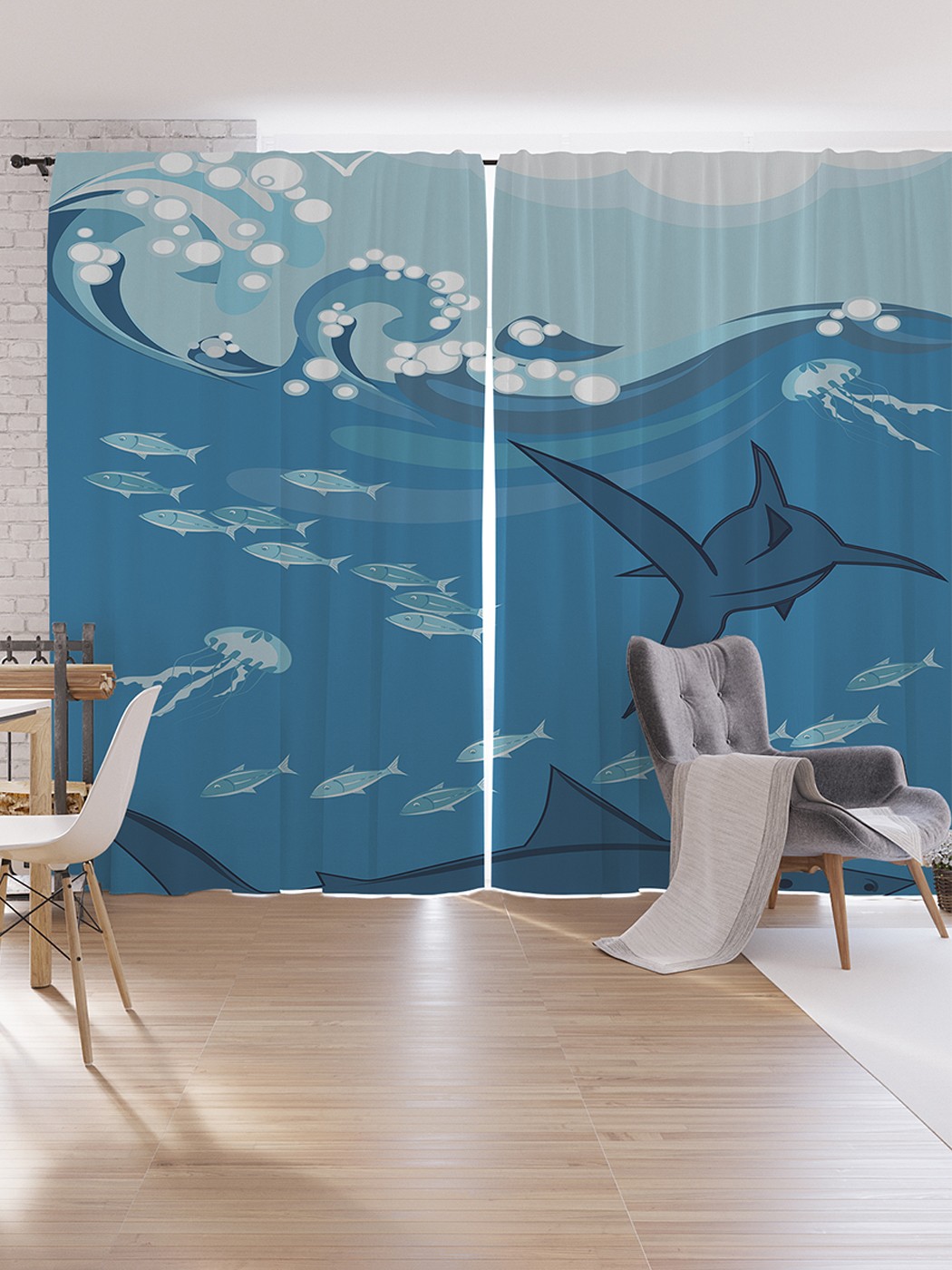 

Шторы под лён JoyArty "Акулы на волнах", серия Oxford DeLux, 340х265 см, Акулы на волнах