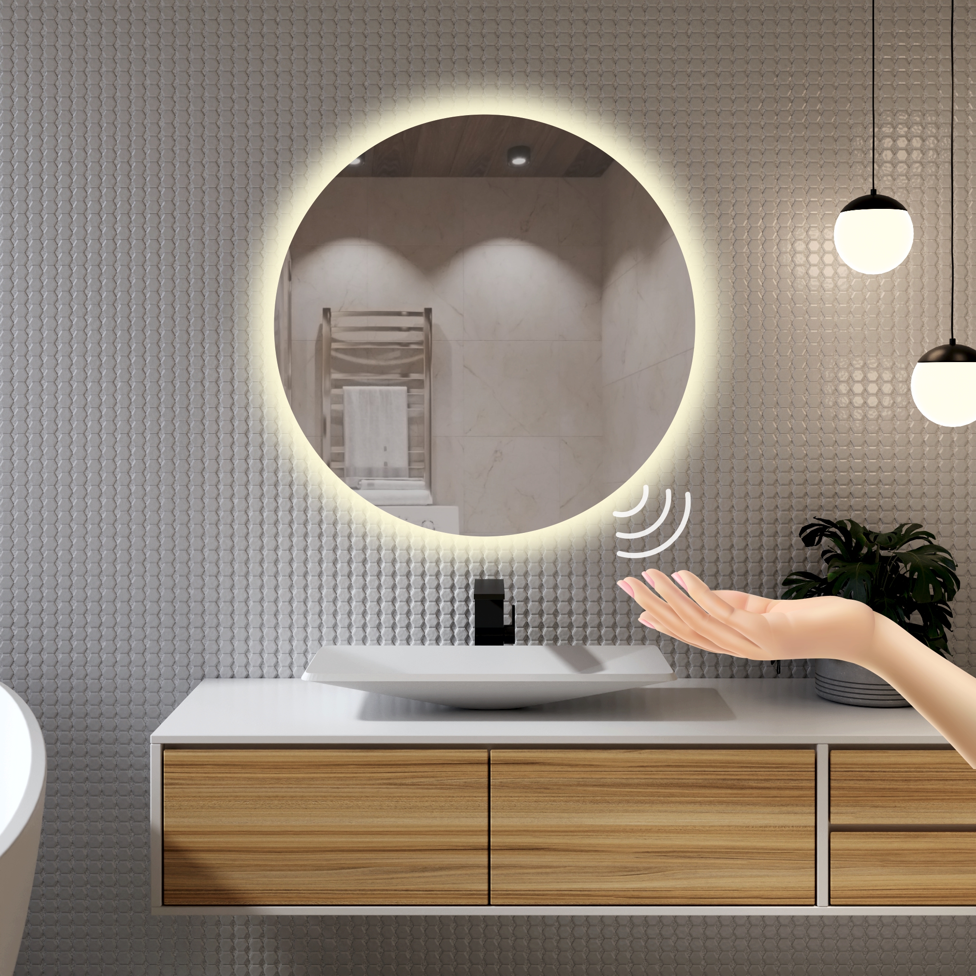 зеркало с подсветкой круглое 70см посдветка дневная 4200к Зеркало для ванной Alfa Mirrors с дневной подсветкой 4200К круглое 70см, арт. Na-7Vzd