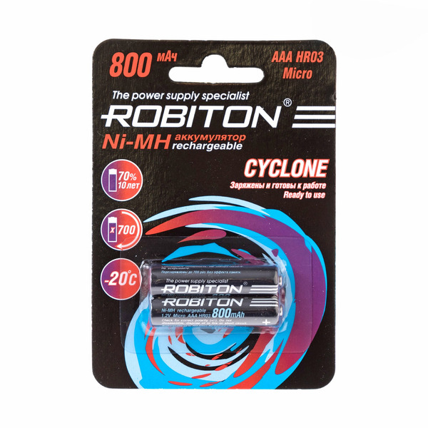 

Аккумулятор ROBITON CYCLONE AAA (LR03) / 1.2 В/ 800 мАч/ NiMH 2 шт / предзаряженный