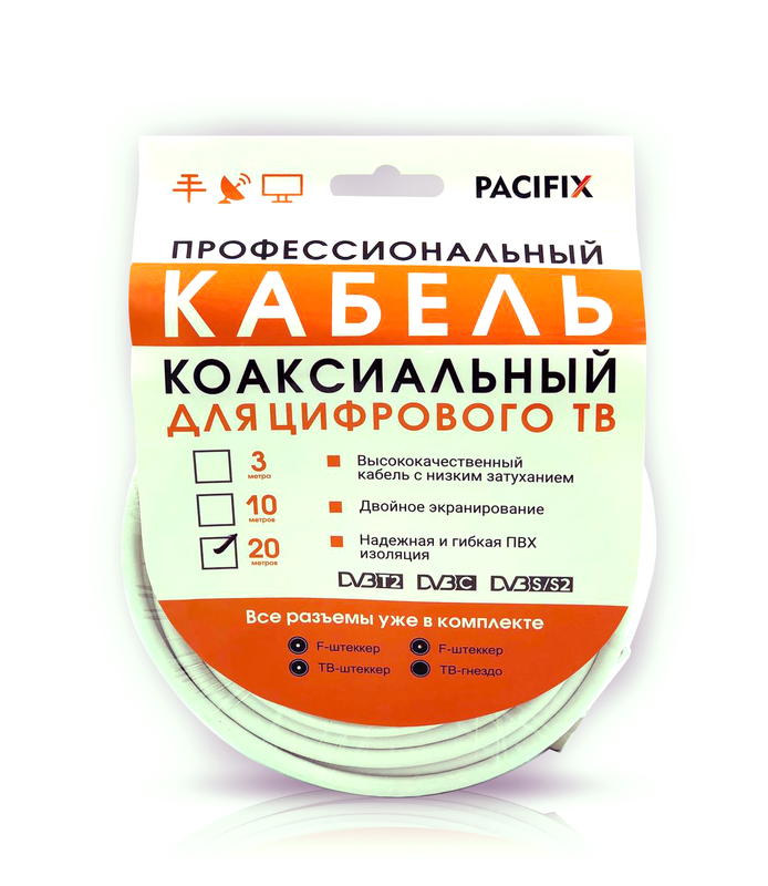 

Кабельная сборка RG6 белый 20 м Pacifix, Кабельная сборка RG6 белый 20м