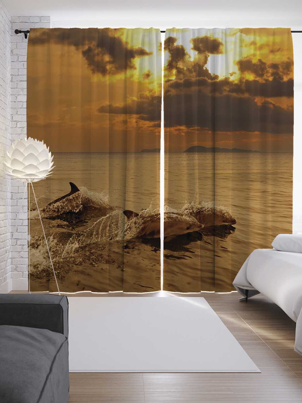 

Шторы JoyArty с фотопечатью "Плывущие дельфины" из сатена, 290х265 см, Плывущие дельфины