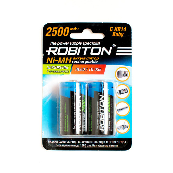Аккумулятор ROBITON R14 (С)/ 1.2 В/ 2500 мАч/ NiMH 2 штуки в блистере/ предзаряженный