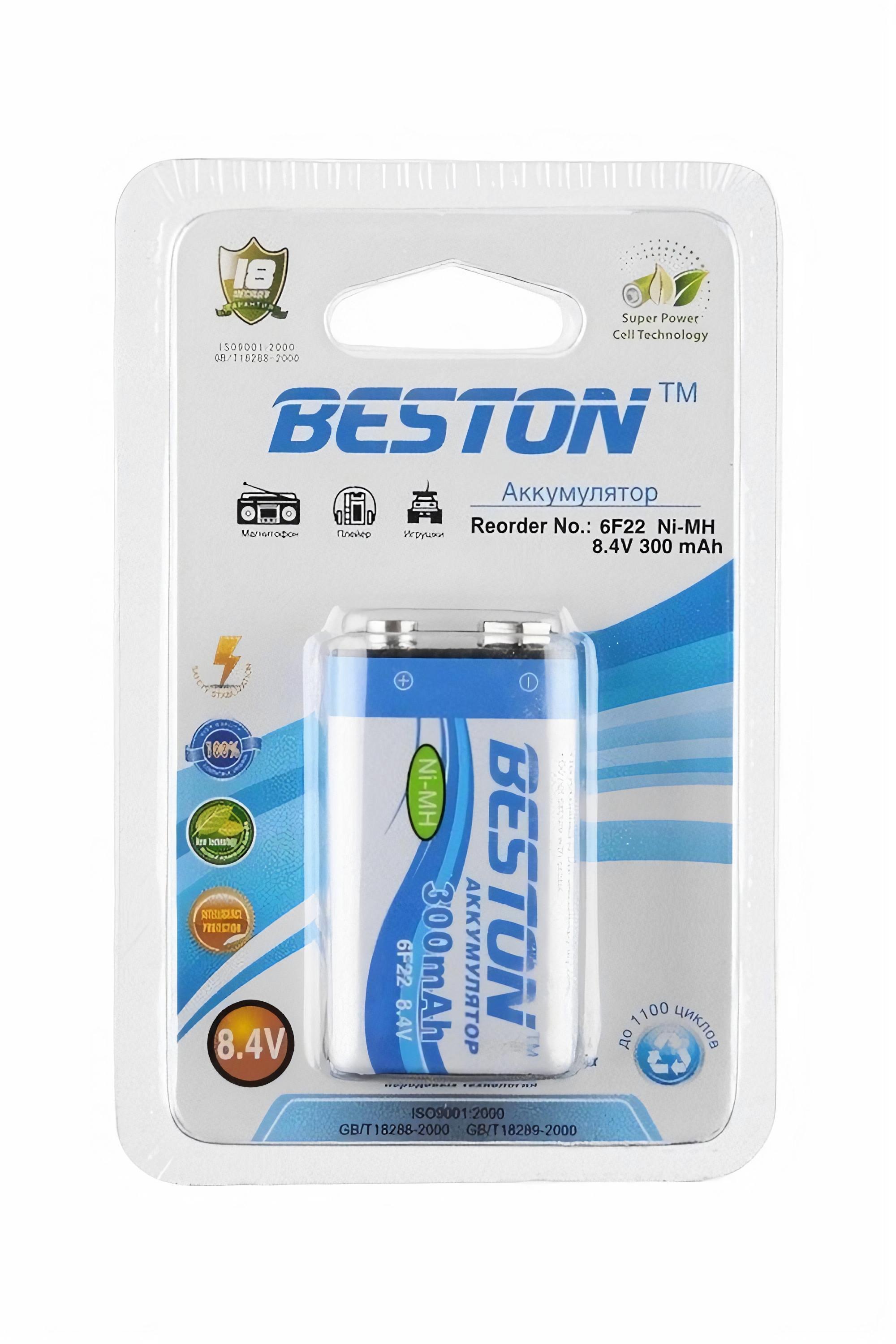 аккумулятор beston 6f22 крона 8 4в 9в 200 mah nimh 1 штука в блистере Аккумулятор BESTON 6F22, 8.4 В, 300 мАч, NiMH в блистере 1 штука