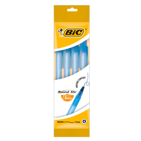

Ручки шариковые BIC Round Stic, НАБОР 4 шт., СИНИЕ, узел 1 мм, линия письма 0,32 мм, па
