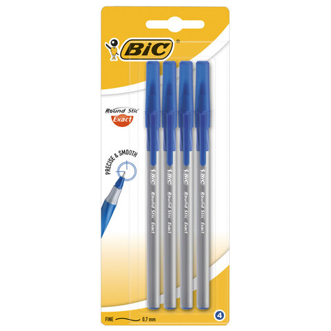 

Ручки шариковые с грипом BIC Round Stic Exact, НАБОР 4 шт., СИНИЕ, линия пись