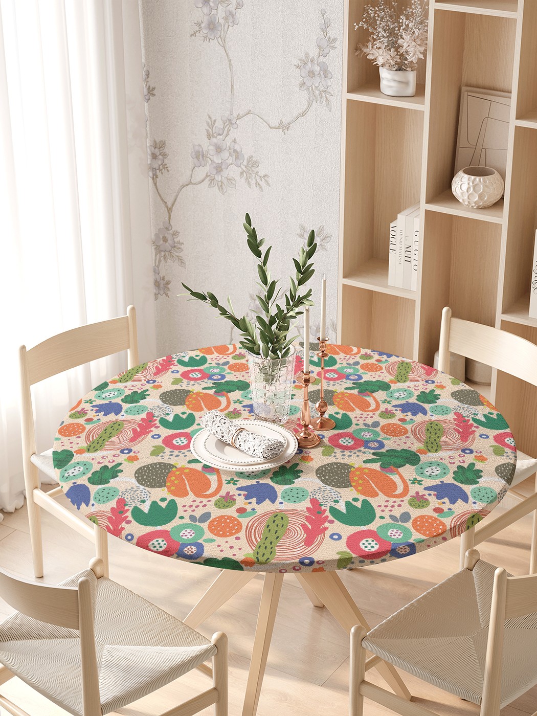 

Круглая кухонная скатерть на резинке JoyArty, на круглый стол диаметром 105-120 см, Оранжевый, Тропическая абстракция