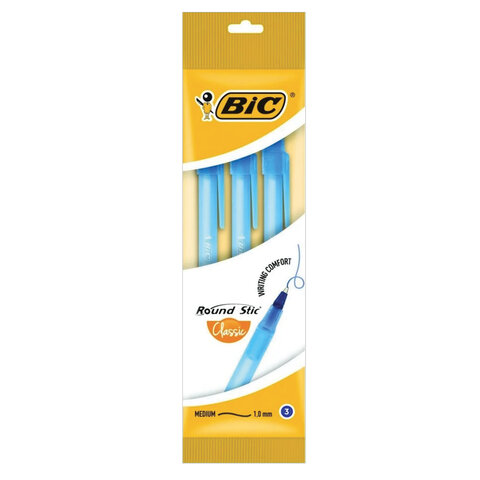 

Ручки шариковые BIC Round Stic, НАБОР 3 шт., СИНИЕ, узел 1 мм, линия письма 0,32 мм, пак