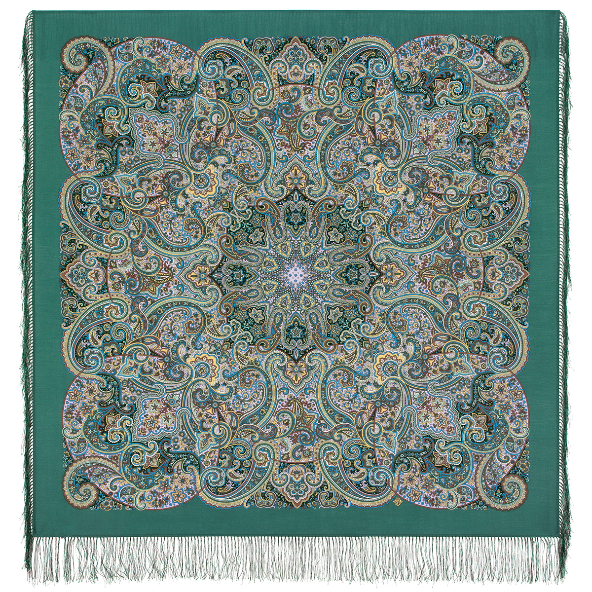 Платок женский Павловопосадский платок 1928 темно-зеленый/болотный/желтый, 125х125 см