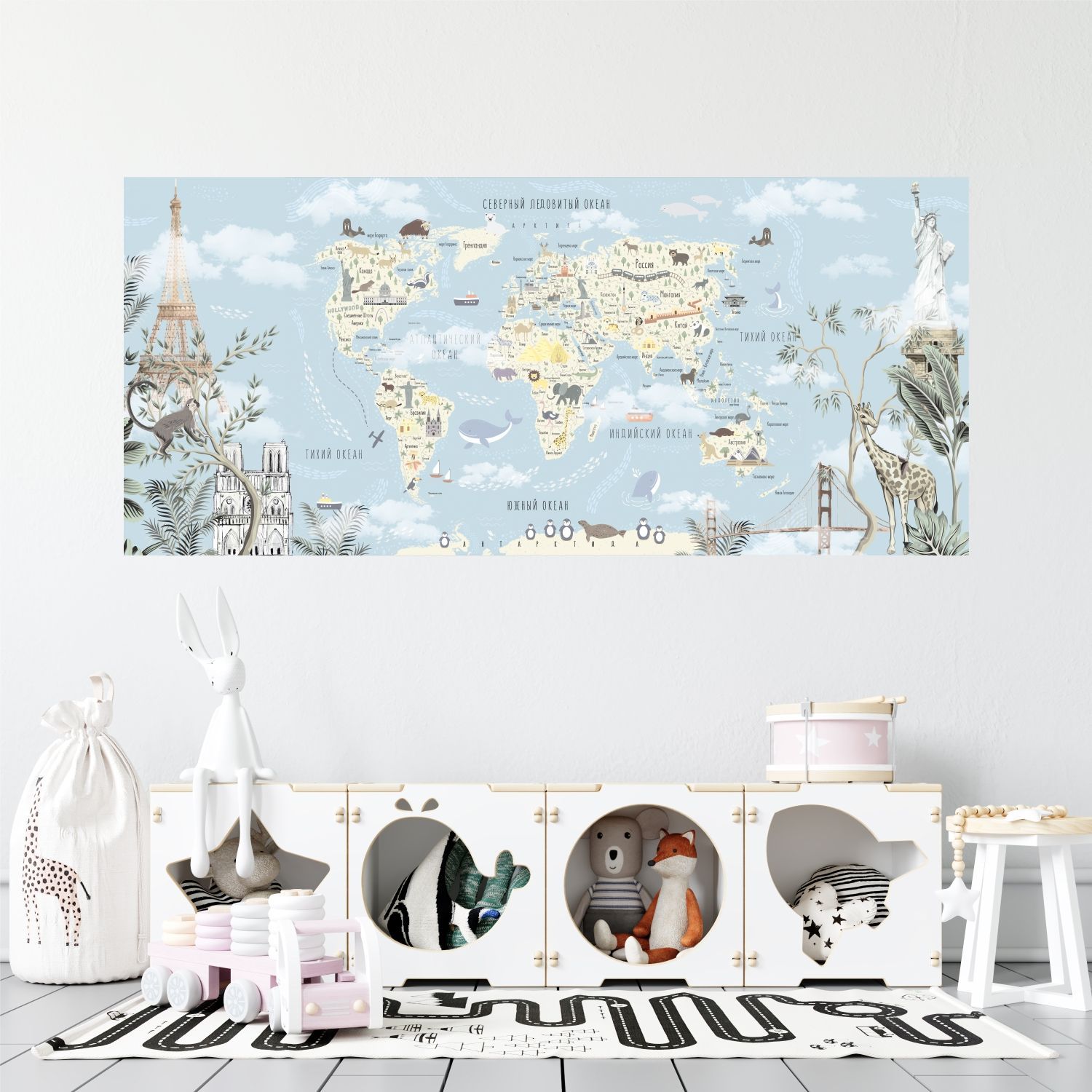 фото Фотообои dekor vinil карта мира с животными и достопримечательностями 100х200 см