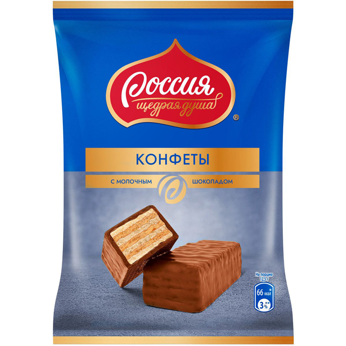 

Конфеты шоколадные Россия - щедрая душа! с вафлей и молочным шоколадом 500 г