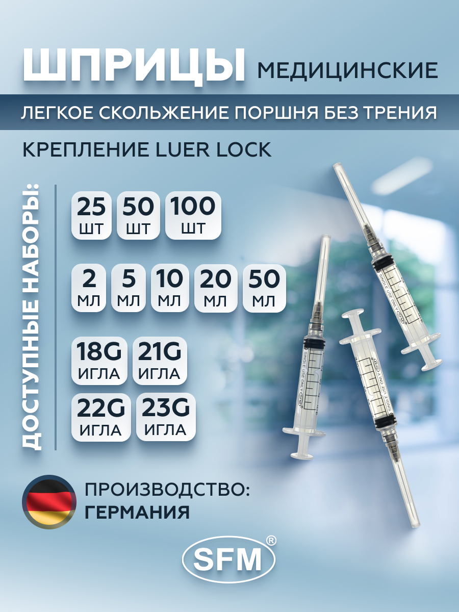 Шприц 2 мл Luer Lock трёхкомпонентный с надетой иглой 0,6 x 30 23G 600003413541 прозрачный