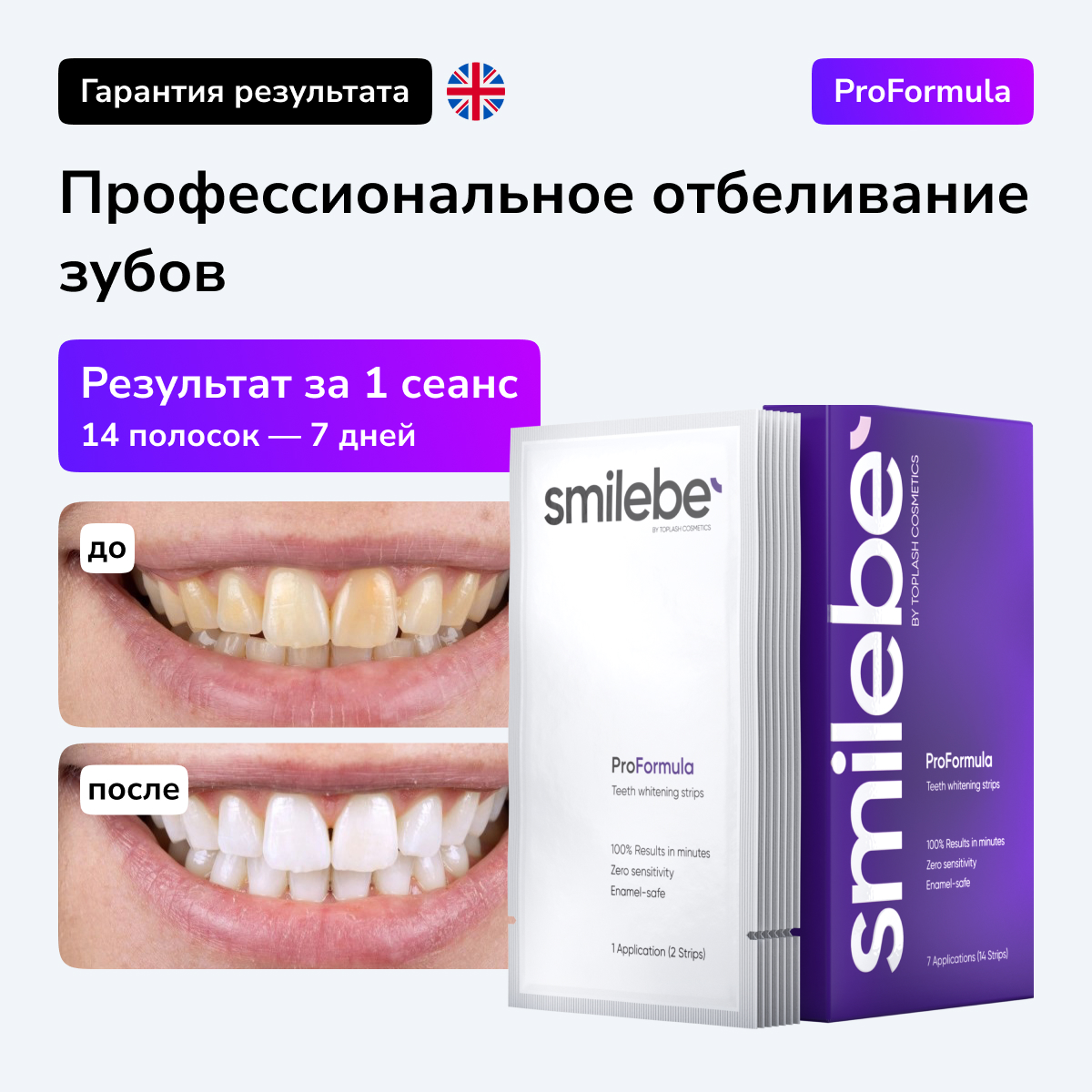 Отбеливающие полоски для зубов Smilebe Teath Whittening Strips ProFormula 14 шт полоски для отбеливания зубов my brilliant smile ночные