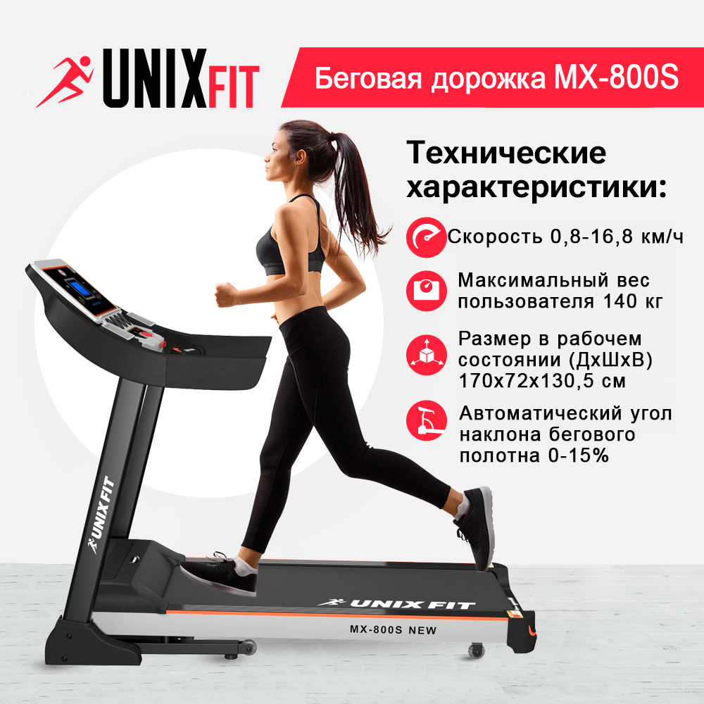 Беговая дорожка UNIX Fit MX-800Sмощность 30 лсдо 140 кгбеговое полотно 130x455 см 81444₽