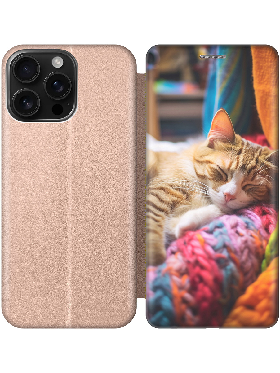 

Чехол-книжка на Apple iPhone 16 Pro Max с принтом "Котик на пледе" золотой, 785198311