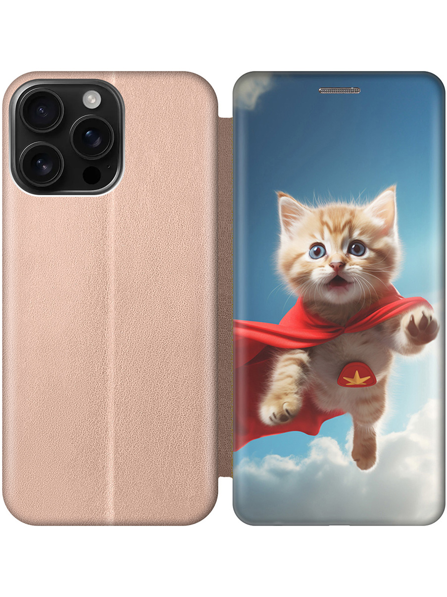 

Чехол-книжка на Apple iPhone 16 Pro Max с принтом "Летящий котенок" золотой, Золотистый;белый;голубой;бежевый, 785198311