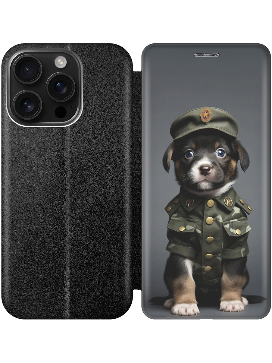 

Чехол-книжка на Apple iPhone 16 Pro с принтом "Щенок-военный" черный, Черный;зеленый, 785197711