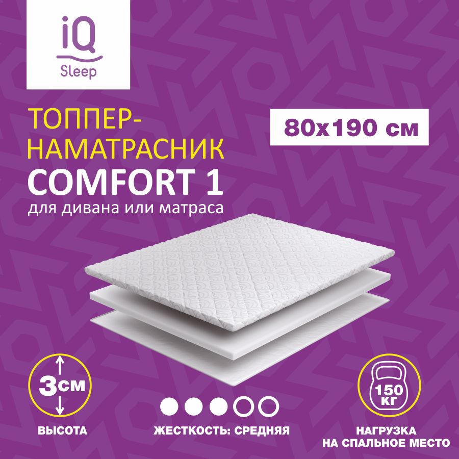 Матрас-топпер Delicatex COMFORT 1, Беспружинный, средне-жесткий, 80х190х3 см