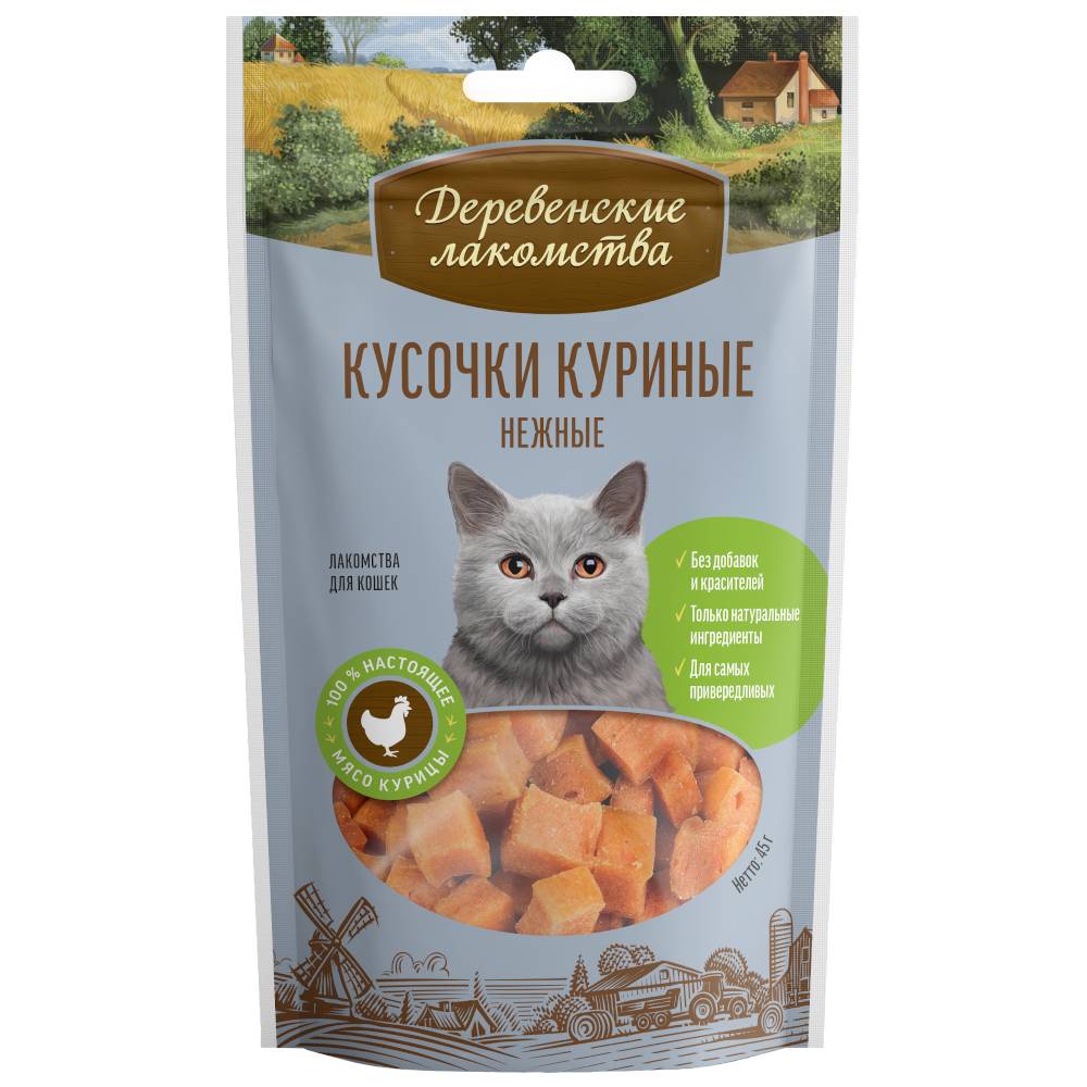 

Лакомство для кошек ДЕРЕВЕНСКИЕ ЛАКОМСТВА Кусочки куриные нежные, 10 шт