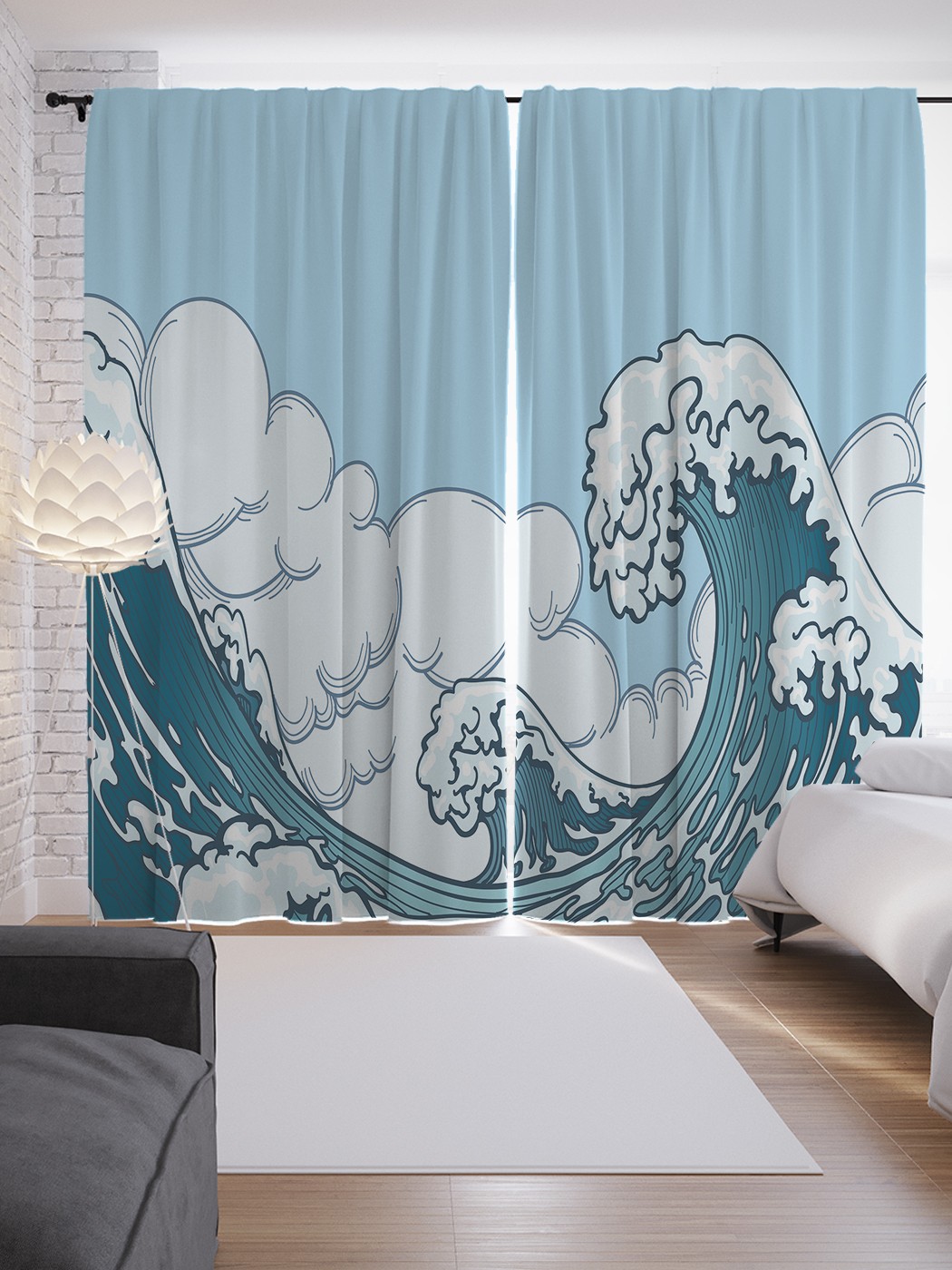 

Шторы JoyArty с фотопечатью "Векторный цунами" из сатена, 290х265 см, Векторный цунами