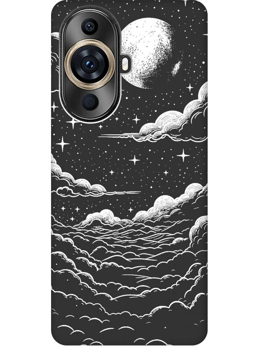 

Силиконовый чехол на Huawei nova 11 Pro/Ultra с принтом "Луна и облака" матовый черный, Черный;белый, 769390241