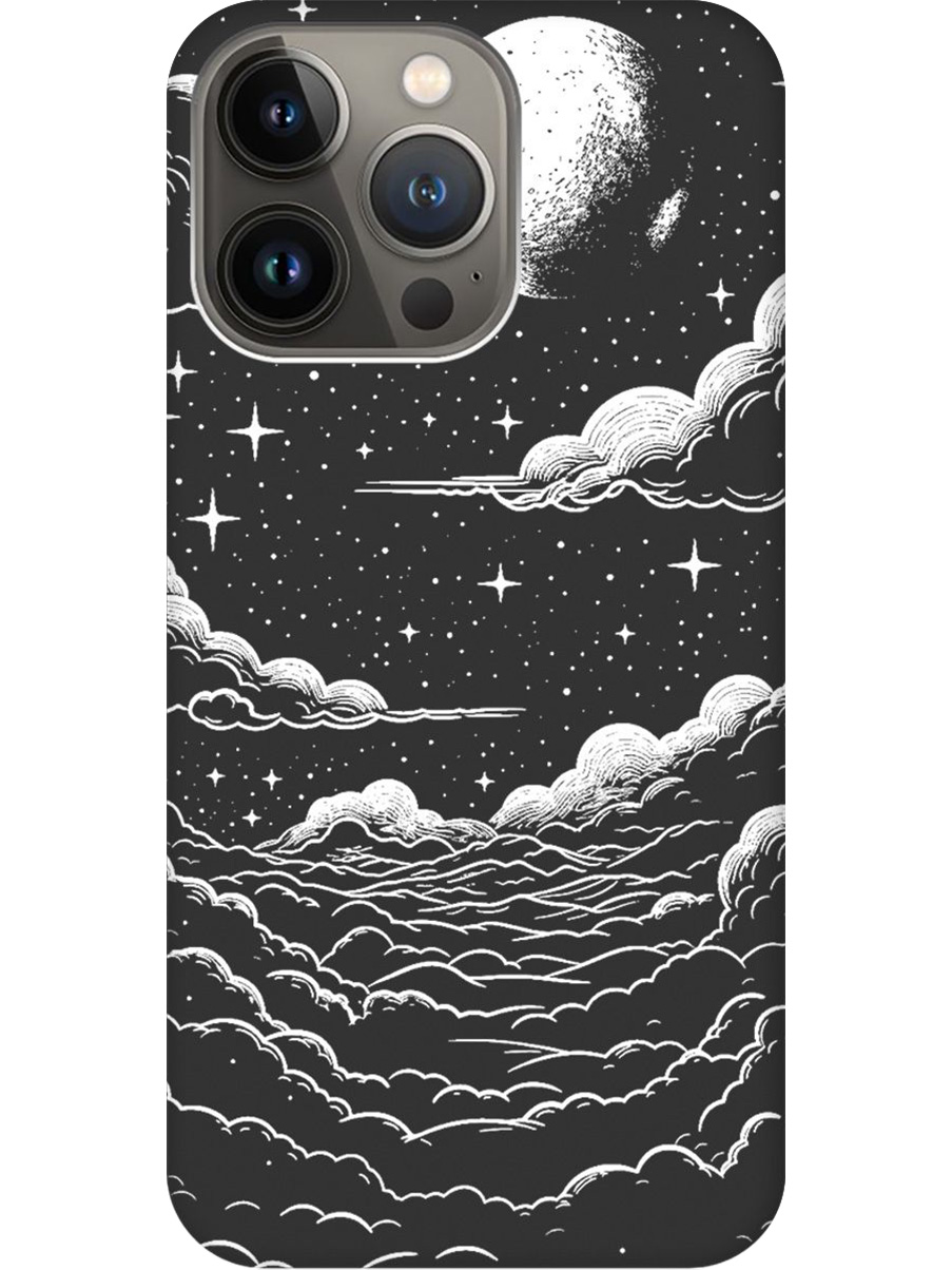 

Силиконовый чехол на Apple iPhone 14 Pro Max с принтом "Луна и облака" матовый черный, Черный;белый, 745400841