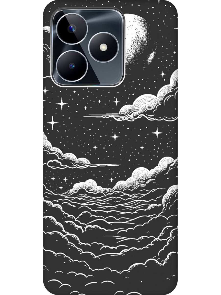 

Силиконовый чехол на Realme C53/C51 с принтом "Луна и облака" матовый черный, Черный;белый, 773947341