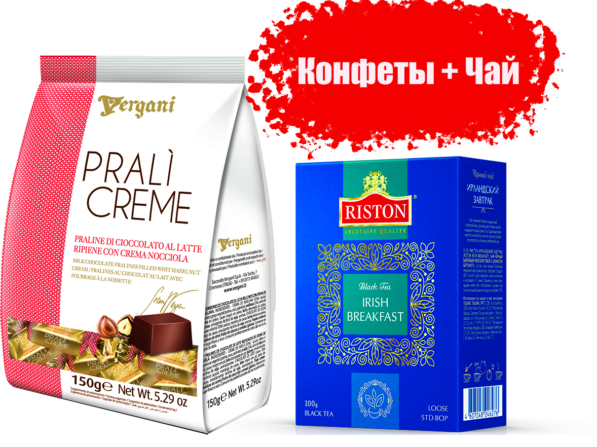 Пралине Vergani с фундучным кремом, 150 г + Чай листовой Riston Irish Breakfast, 100г