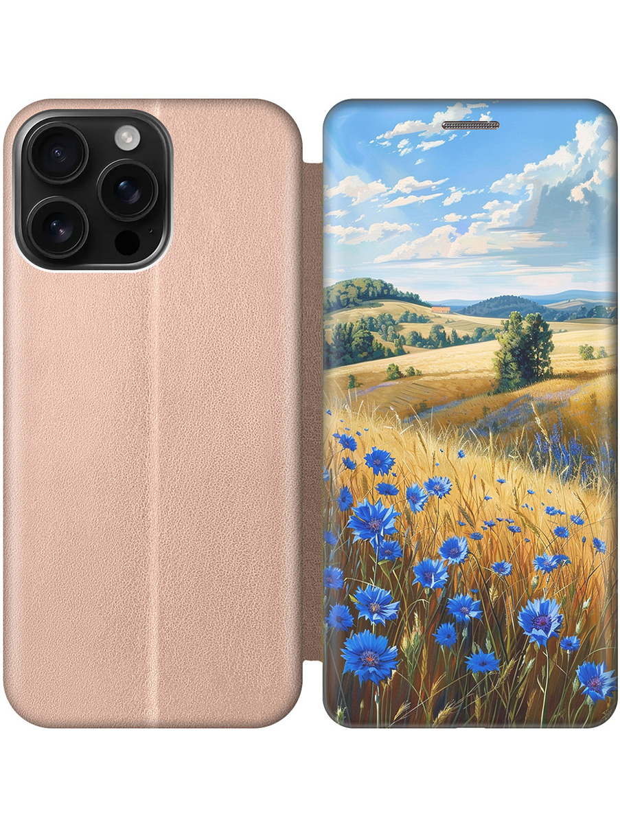 

Чехол-книжка на Apple iPhone 16 Pro Max с принтом "Поле васильков" золотой, 785198321
