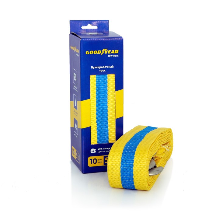 

Трос буксировочный Goodyear 10 т, 5 м х 6 см, 2 крюка, сумка мешок, Желтый;синий