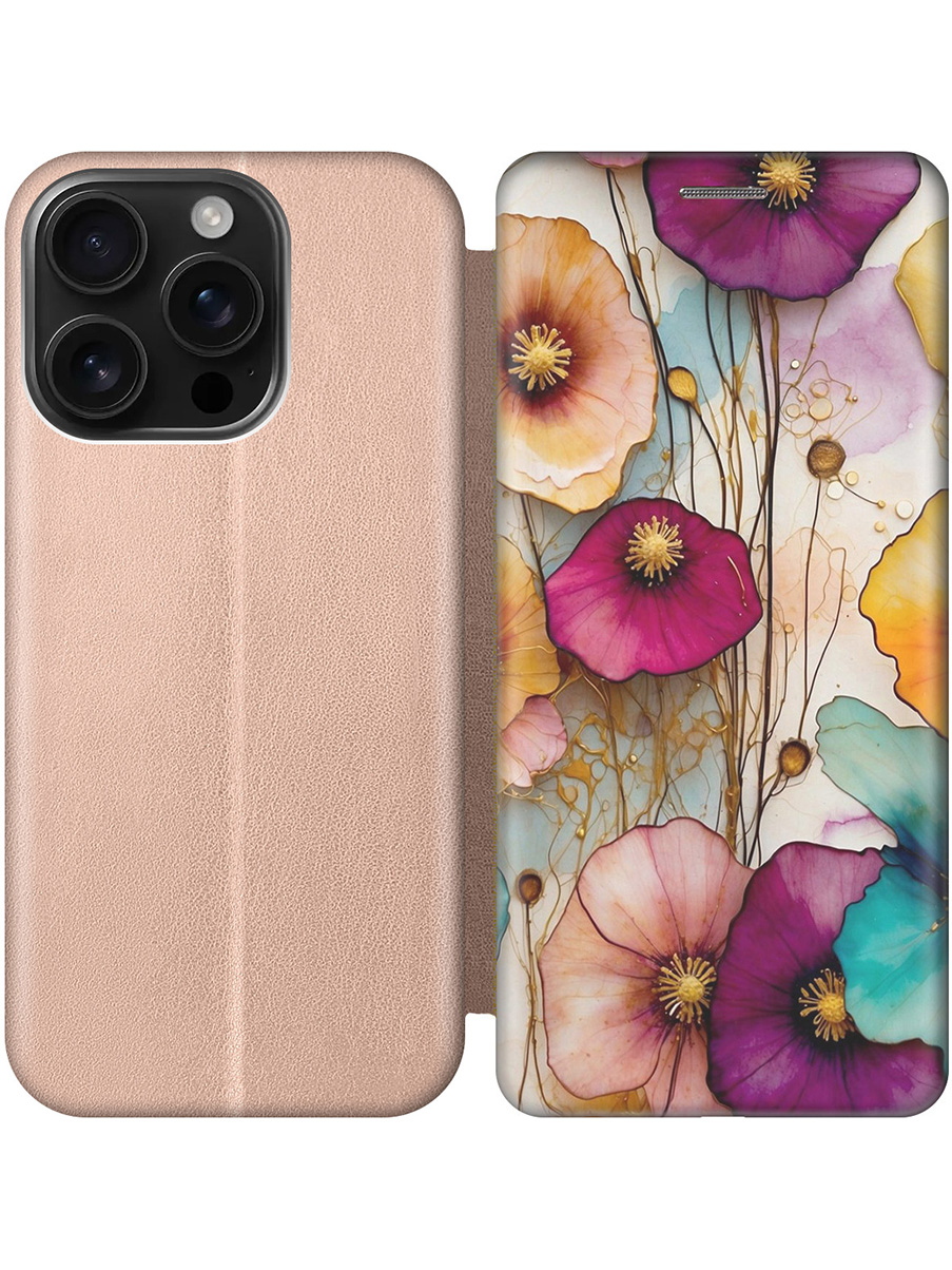 

Чехол-книжка на Apple iPhone 16 Pro с принтом "Панно из цветов" золотой, Золотистый;красный;белый, 785197722