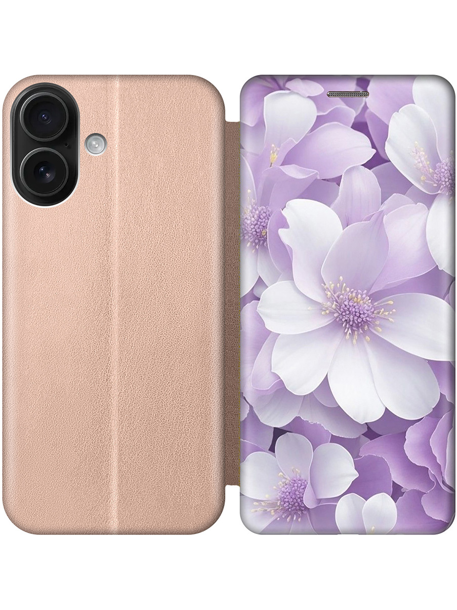 

Чехол-книжка на Apple iPhone 16 с принтом "Бело-фиолетовые цветы" золотой, Золотистый;белый;фиолетовый, 785196521