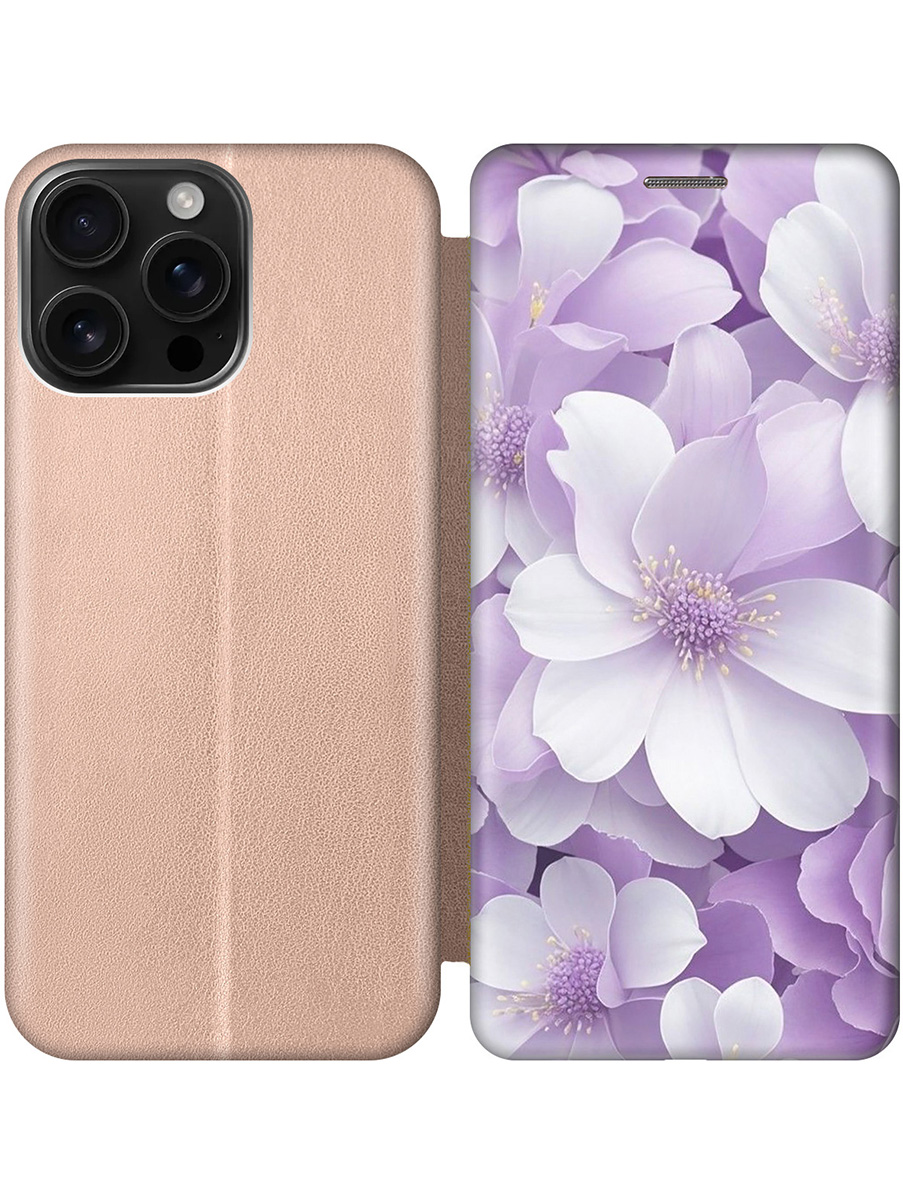 

Чехол-книжка на Apple iPhone 16 Pro Max с принтом "Бело-фиолетовые цветы" золотой, Золотистый;белый;фиолетовый, 785198321