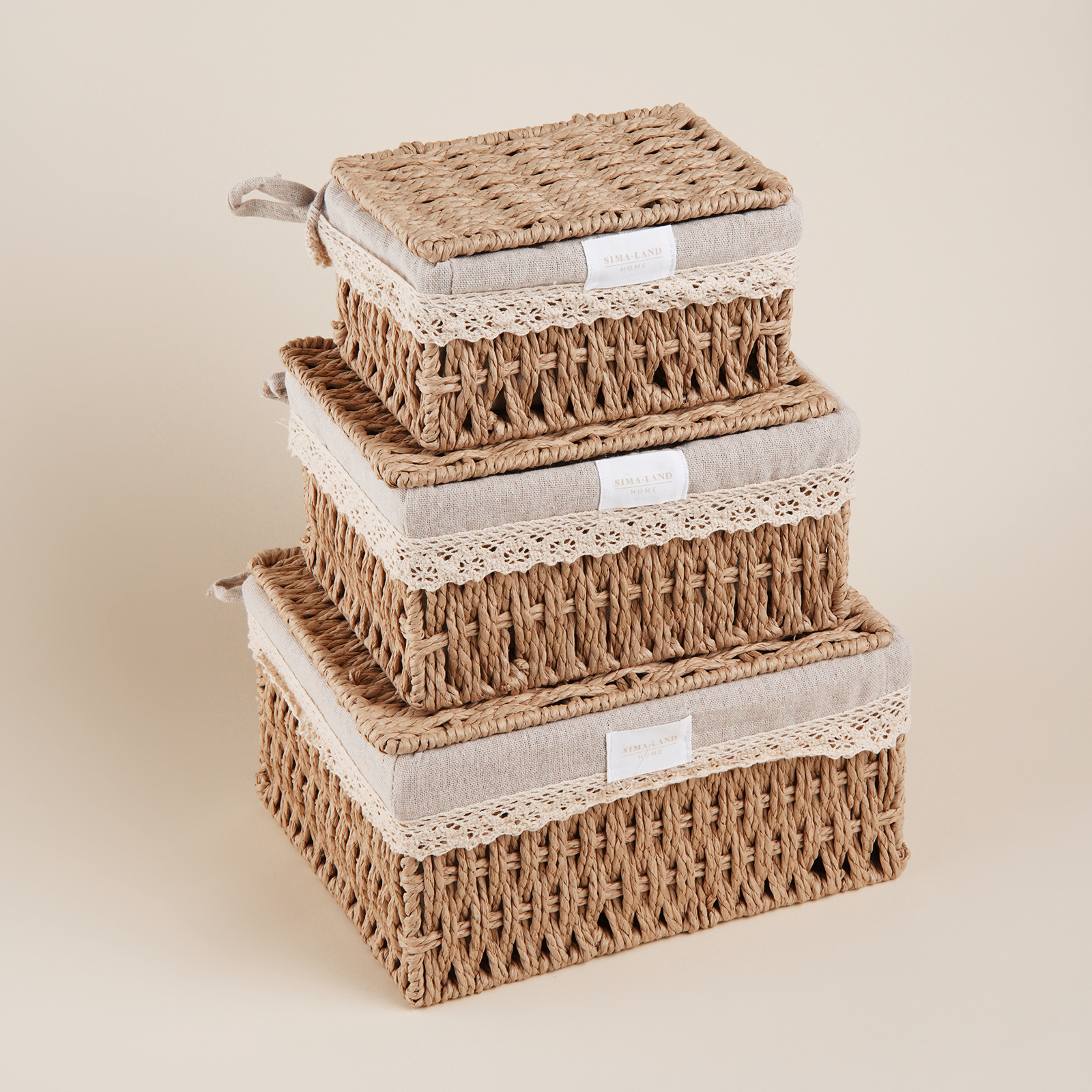 

Набор корзин для хранения SL Home ручного плетения с крышкой Wicker 3 шт, 26х20х14, Бежевый, "Wicker"