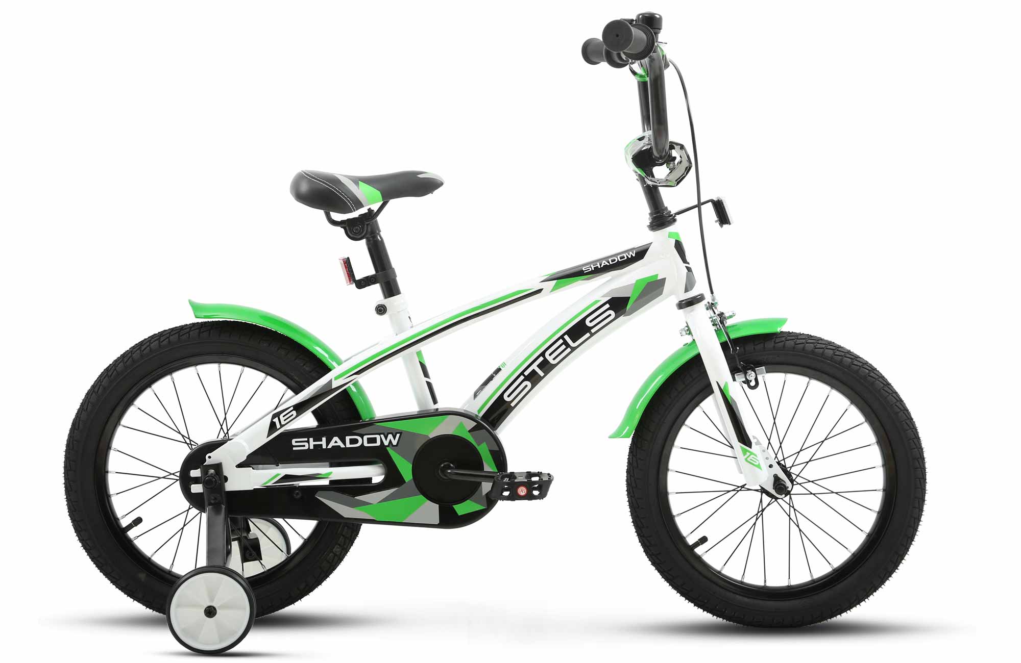 Детский велосипед STELS Shadow VC 16 Z010 9.5 Белый Зеленый, с боковыми колесами
