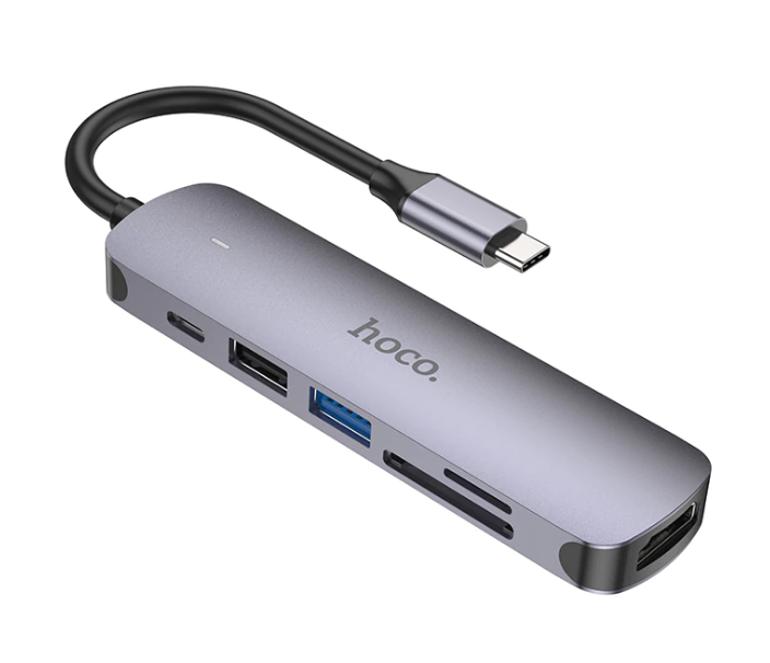 Переходник HOCO (HB28) Type-C на HDMI/USB3.0/USB2.0/USB-C/MicroSD/SD (Metal Gray)