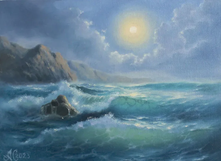 

Картина маслом ручной работы Интерьерная картина "Лунный шторм", холст 18х24 см, Лунный шторм