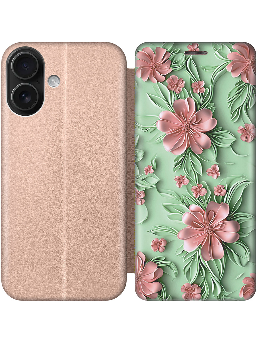 

Чехол-книжка на Apple iPhone 16 с принтом "Розовые цветы на мятном фоне" золотой, Золотистый;зеленый;розовый, 785196521