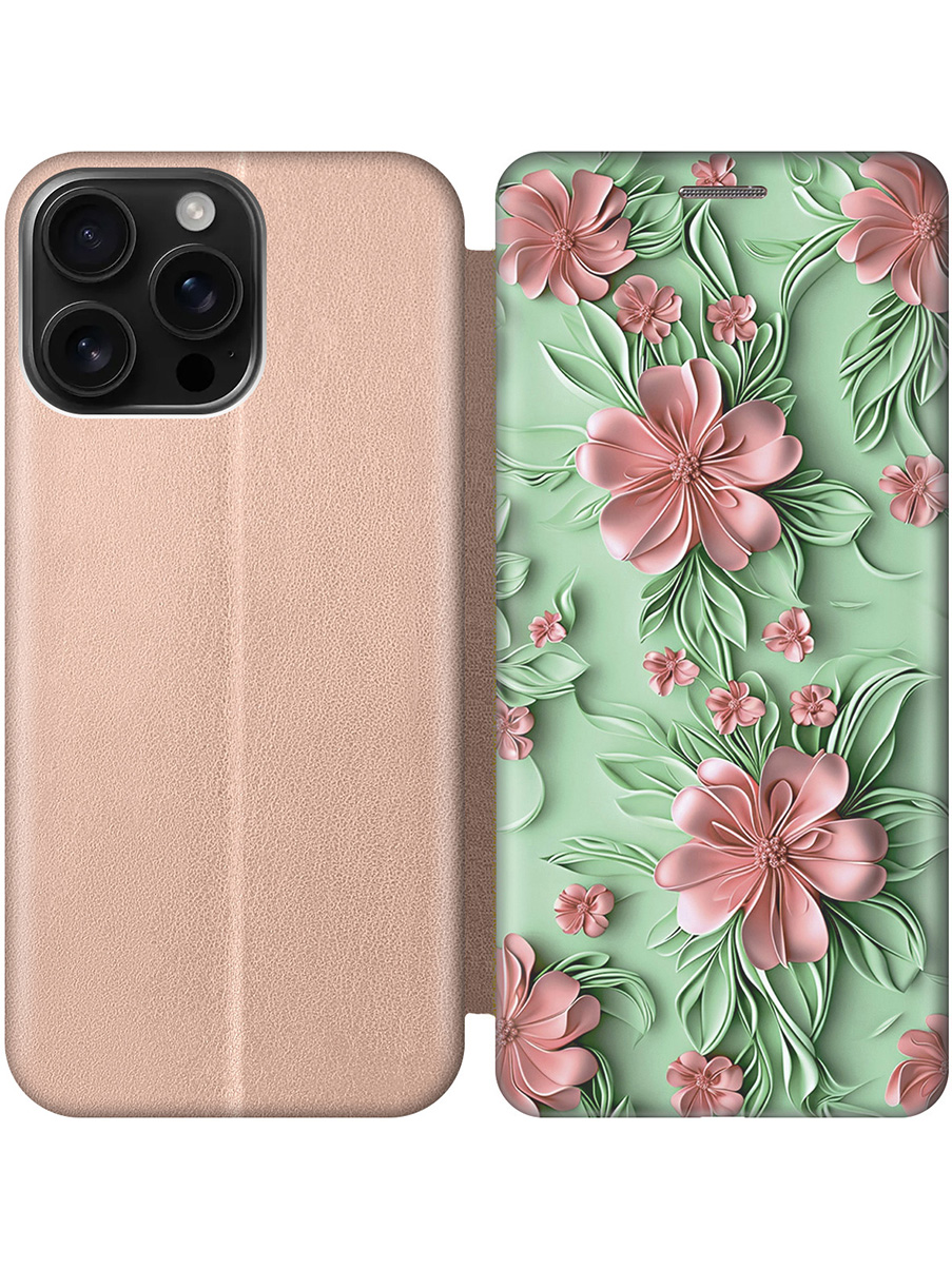 

Чехол-книжка на Apple iPhone 16 Pro Max с принтом "Розовые цветы на мятном фоне" золотой, Золотистый;зеленый;розовый, 785198321