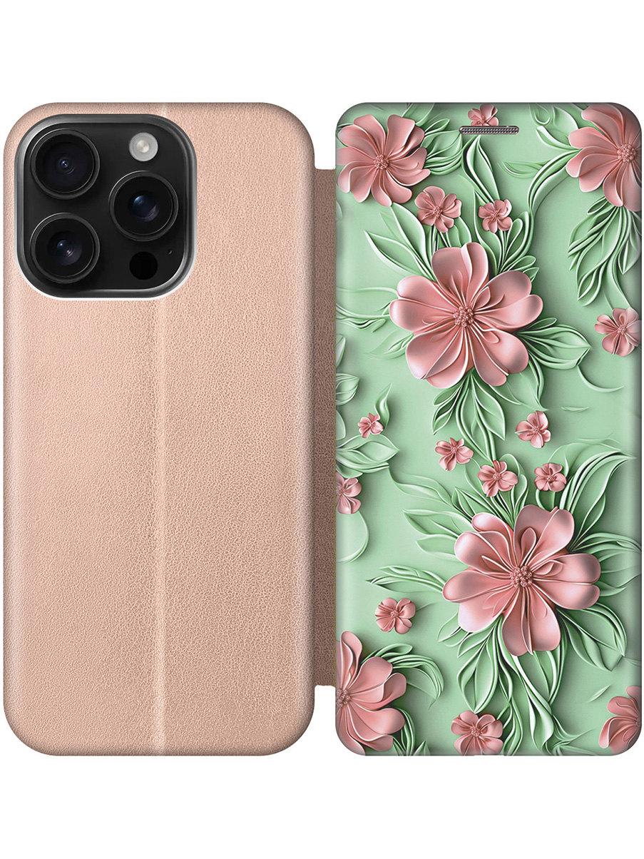 

Чехол-книжка на Apple iPhone 16 Pro с принтом "Розовые цветы на мятном фоне" золотой, Золотистый;зеленый;розовый, 785197721