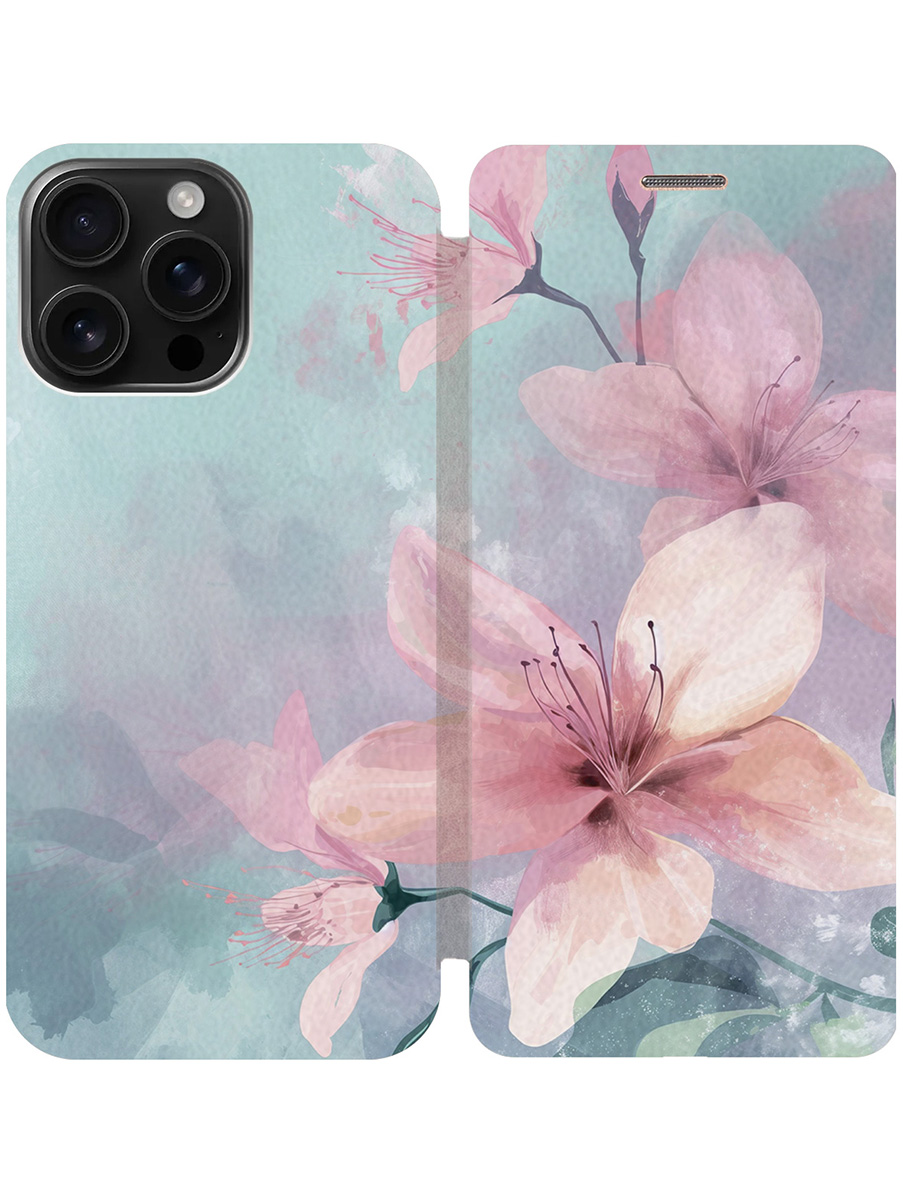 

Чехол-книжка на Apple iPhone 16 Pro Max с принтом "Розовые лилии" золотой, Золотистый;белый;розовый;голубой, 785198322