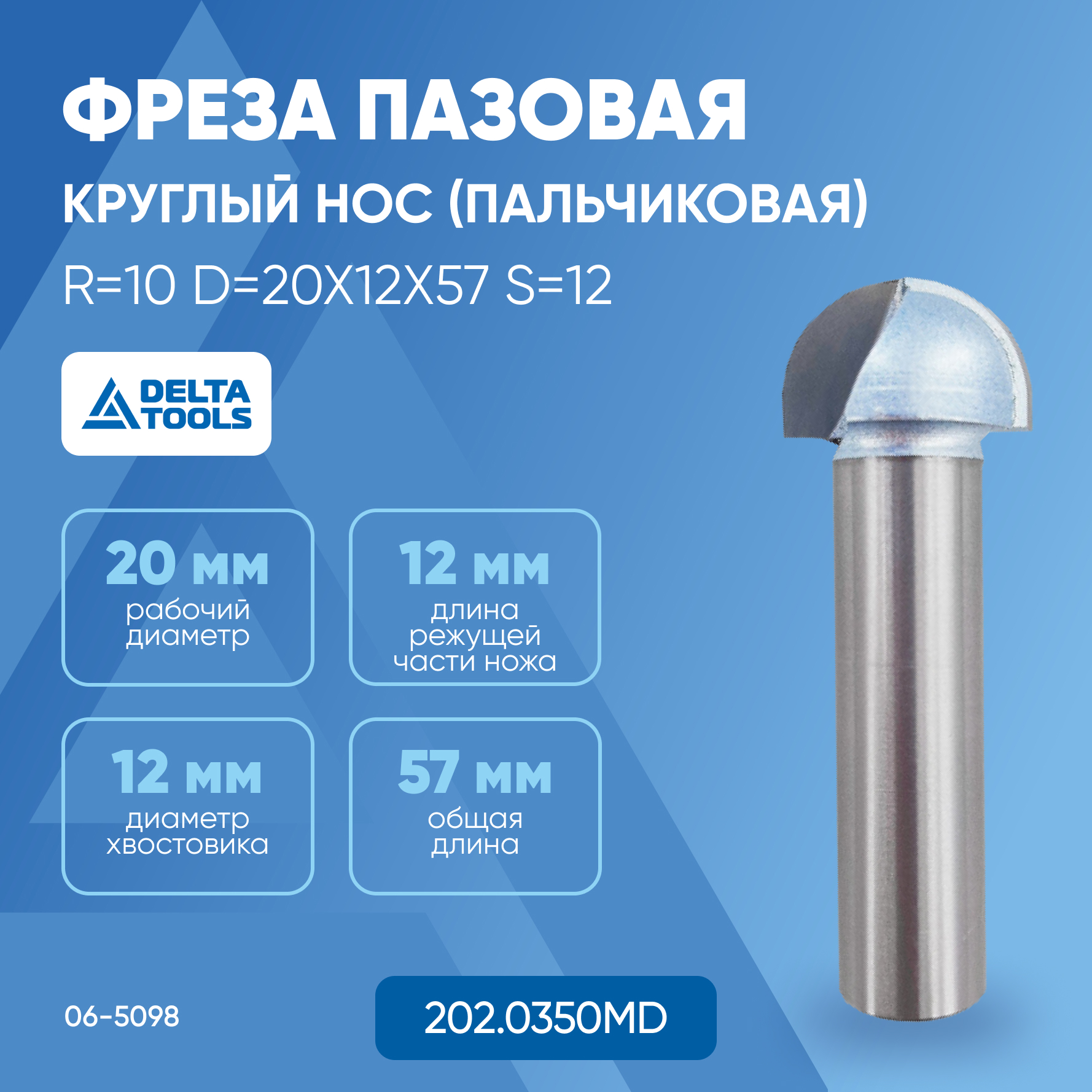 

Фреза DELTA TOOLS пазовая круглый нос (пальчиковая) R=10 D=20x12x57 S=12 202.0350MD