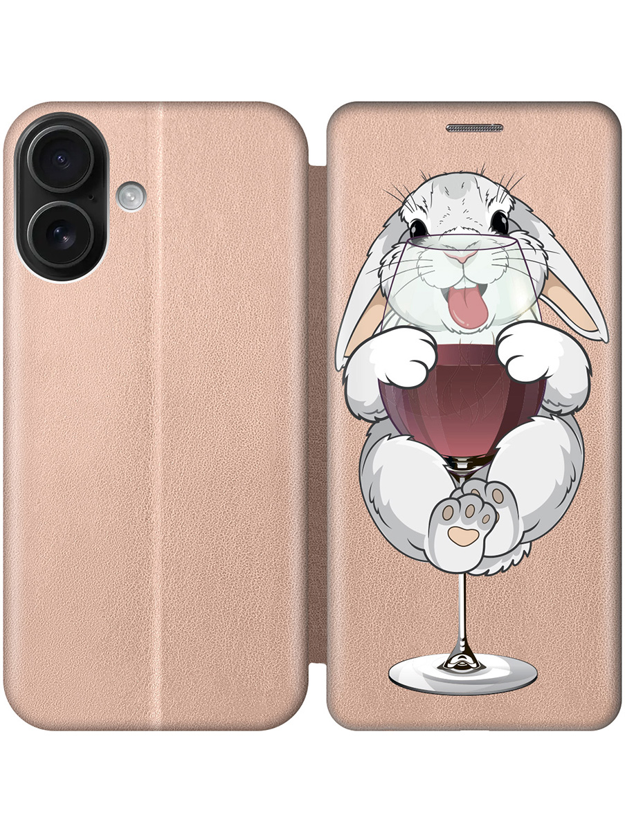 

Чехол-книжка на Apple iPhone 16 с принтом "Кролик и бокал" золотой, Золотистый;белый;бордовый, 785196575