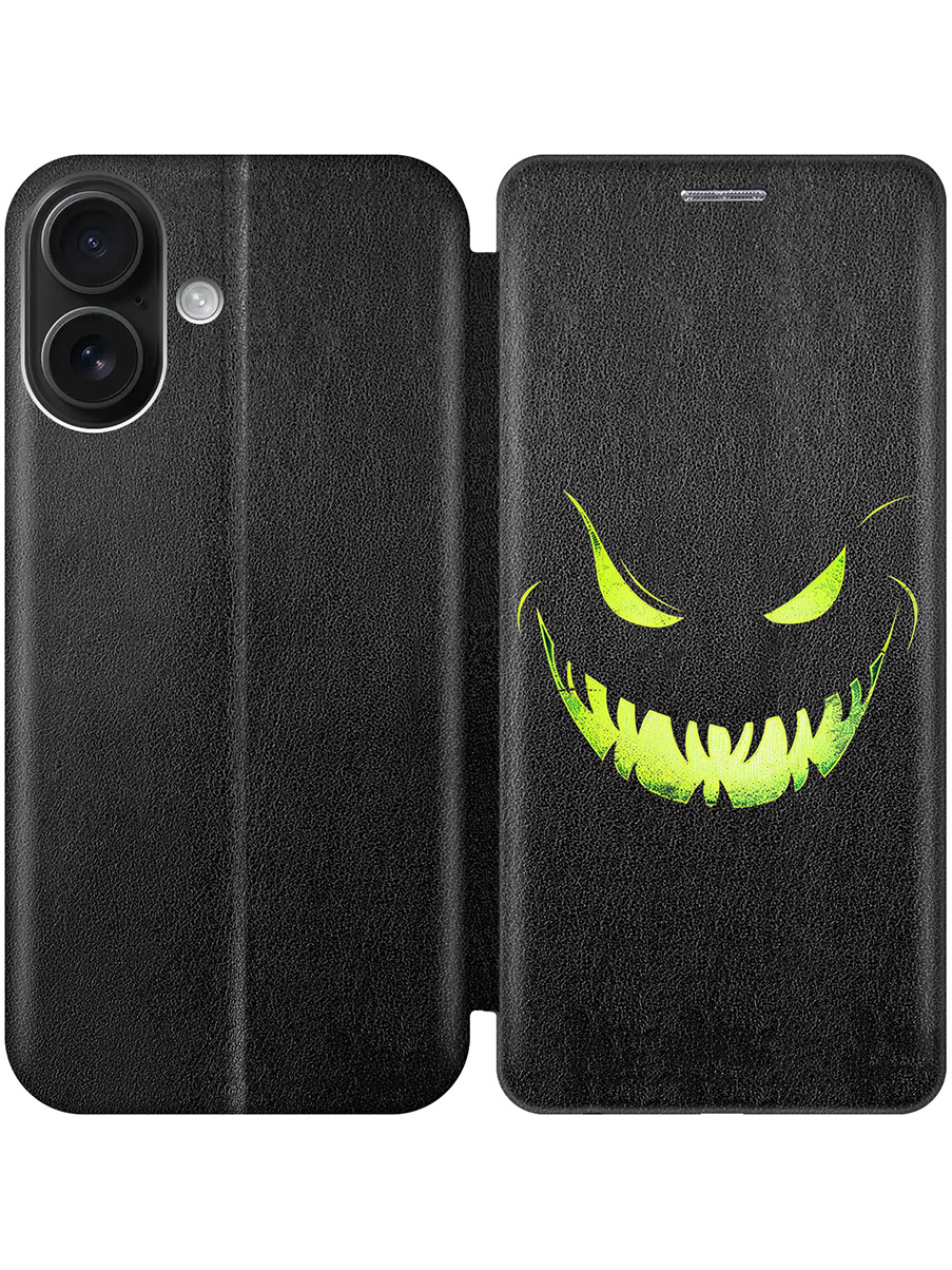 

Чехол-книжка на Apple iPhone 16 с принтом "Зловещая улыбка" черный, 785196572