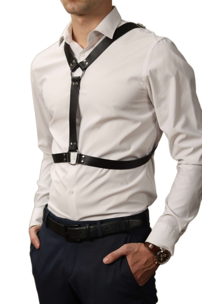 Крестообразная мужская портупея BDSM Арсенал №3 из натуральной кожи, черная