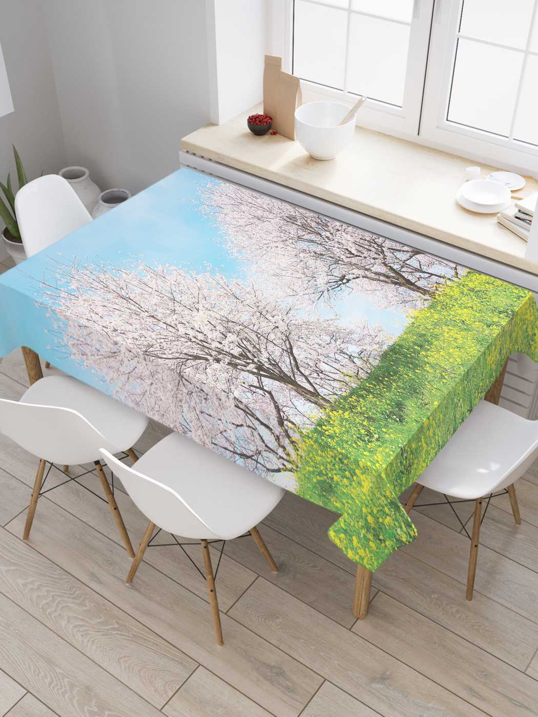 

Скатерть прямоугольная JoyArty "Белоснежное цветение" из сатена, 120x145 см, Бежевый, Белоснежное цветение