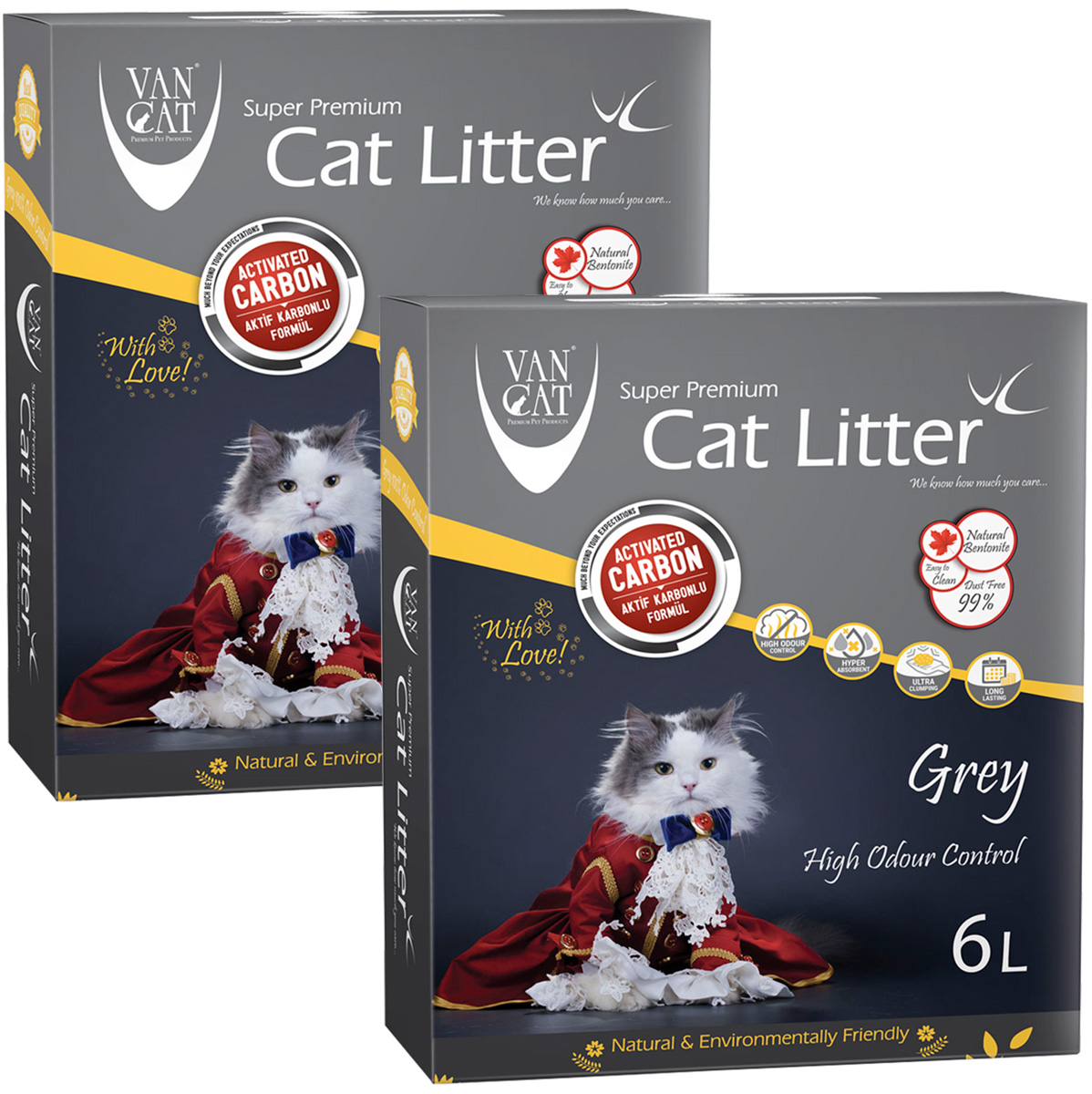 Наполнитель для туалета кошек Van Cat Grey с активированным углем без пыли, 2 шт по 5,1 кг