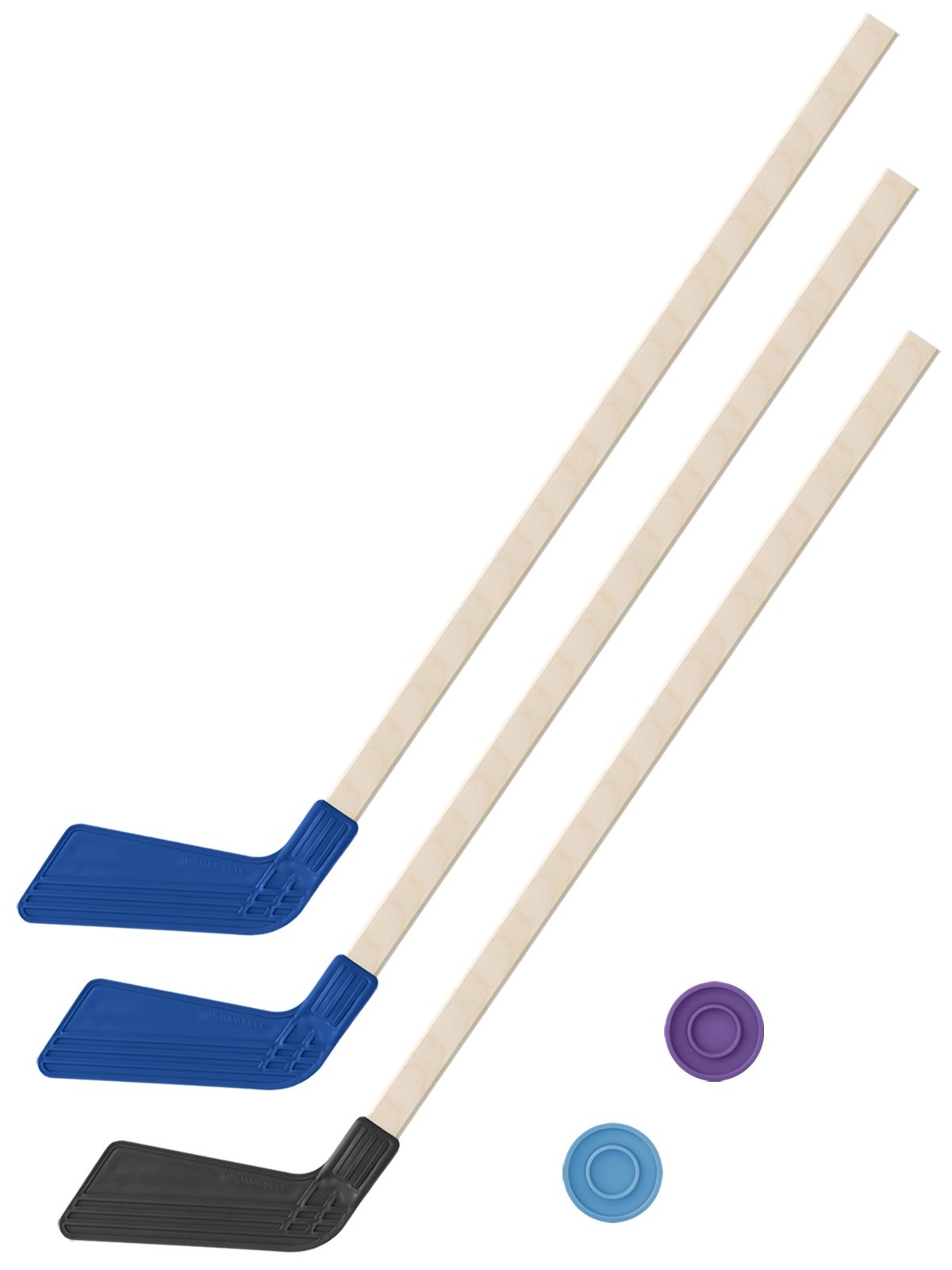 Детский хоккейный набор Задира-плюс Клюшка 80 см 3шт (2 синих, 1 черная) + 2 шайбы нордпласт набор хоккейный клуб 2 клюшки 2 шайбы 1020 1