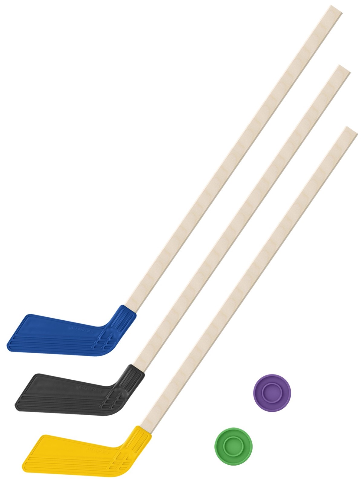 фото Набор зимний задира-плюс клюшка хоккейная 3 клюшки 80 см. (синяя,черная,желтая)+2 шайбы